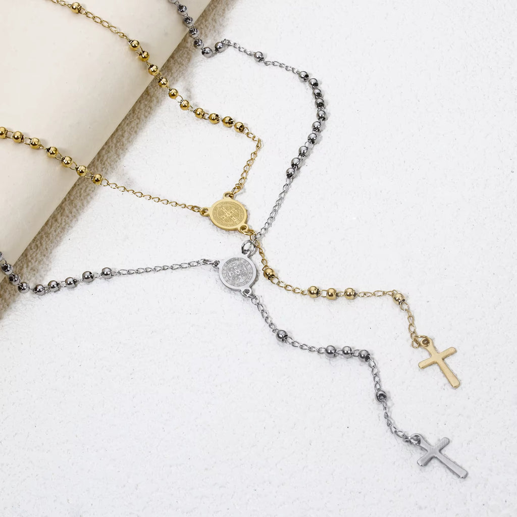 18K vergulde rozenkrans ketting (52 cm)  Gebedskralen met kruis hanger