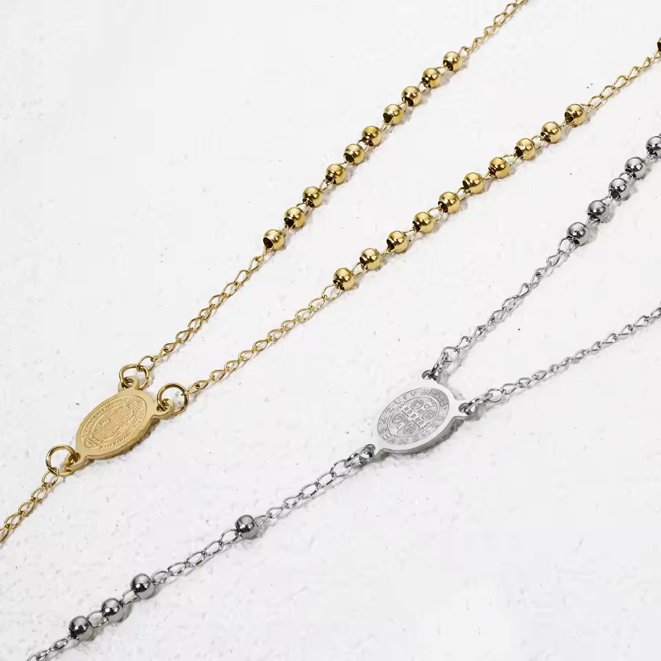 18K vergulde rozenkrans ketting (52 cm)  Gebedskralen met kruis hanger