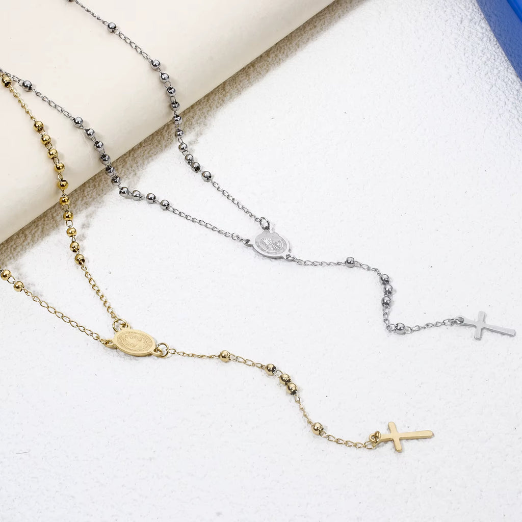 18K vergulde rozenkrans ketting (52 cm)  Gebedskralen met kruis hanger
